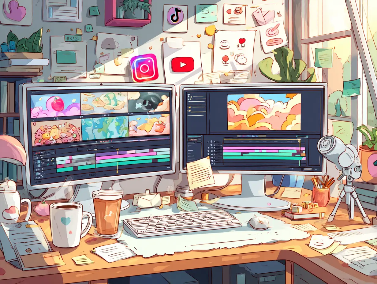 Poste de travail de créateur vidéo avec deux écrans de montage, des icônes de TikTok, Instagram et YouTube en fond, illustrant le concept de clipping pour les réseaux sociaux.