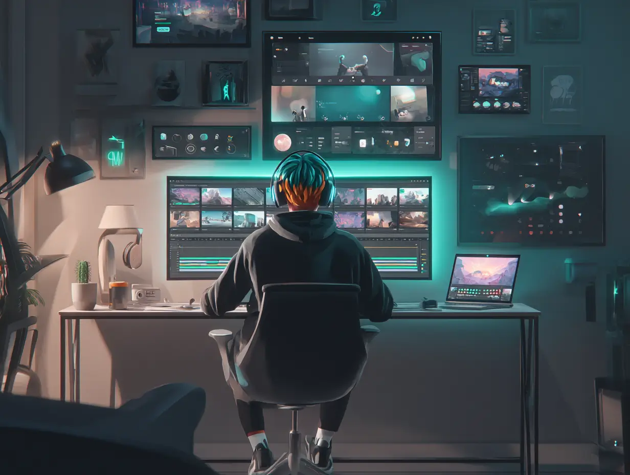 Jeune créateur de contenu en train de monter des vidéos dans un setup immersif, représentant l’univers du clipping sur Whop.